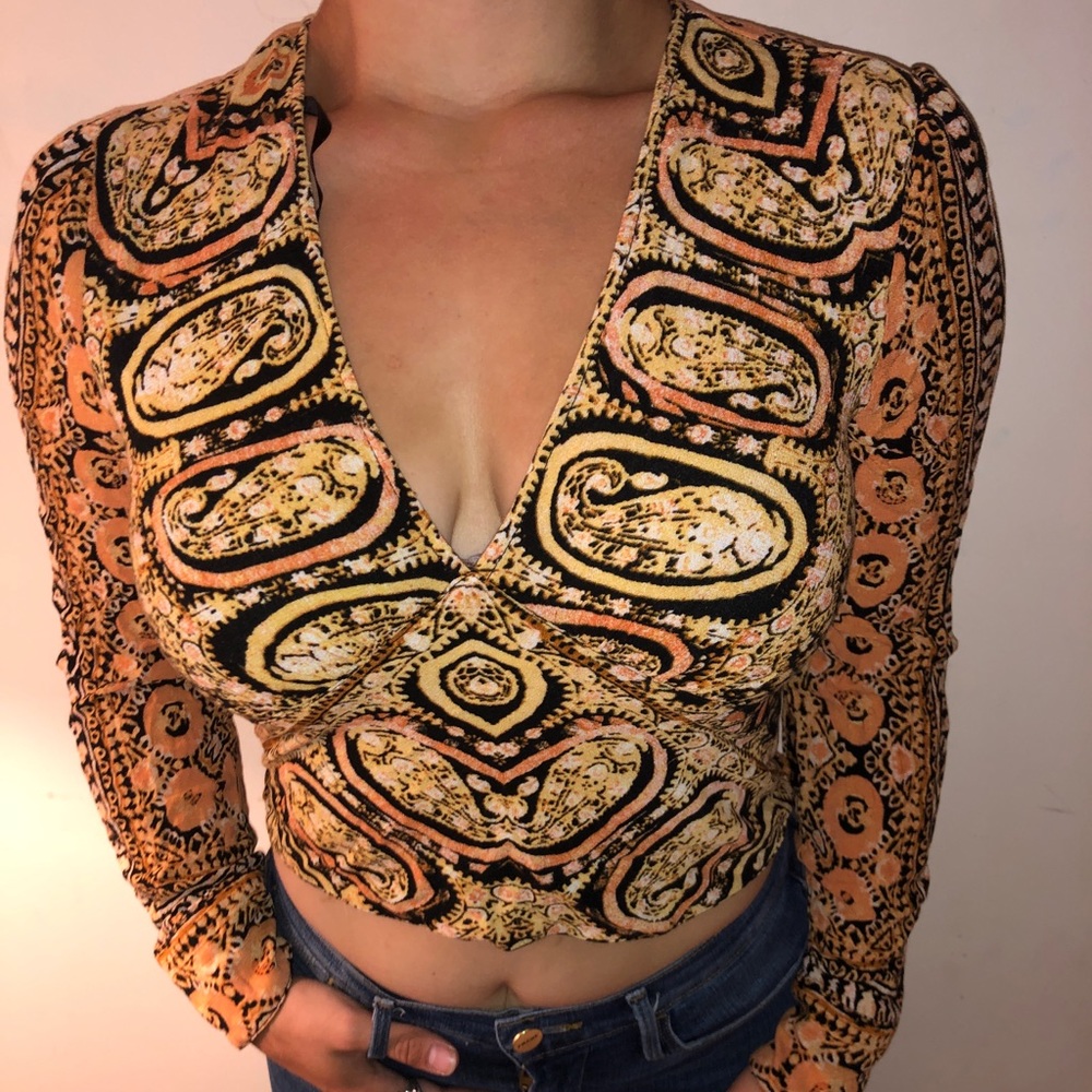 Free People Orange Multi Print Top